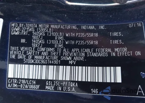 2016 Toyota Sienna Xle Premium 7 Passenger z USA, uszkodzony, nr VIN 5TDDK3DC9GS144901